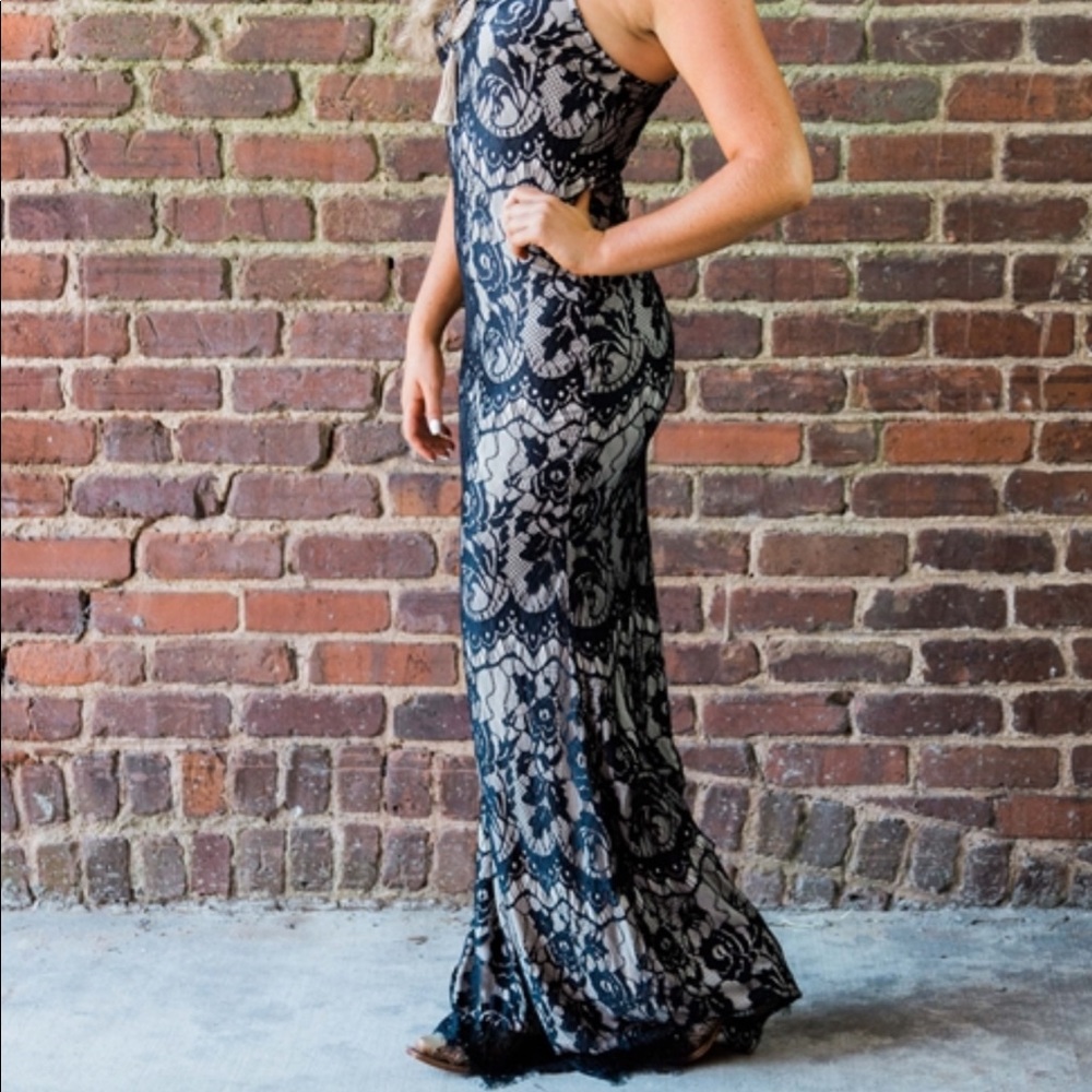 Long Black Lace high neck Dress